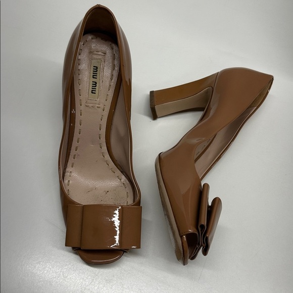 Miu Miu Shoes - Miu Miu Heels Open Toe Patent Leather Bow Block Heel Tan Brown Size 38.5 US 8.5